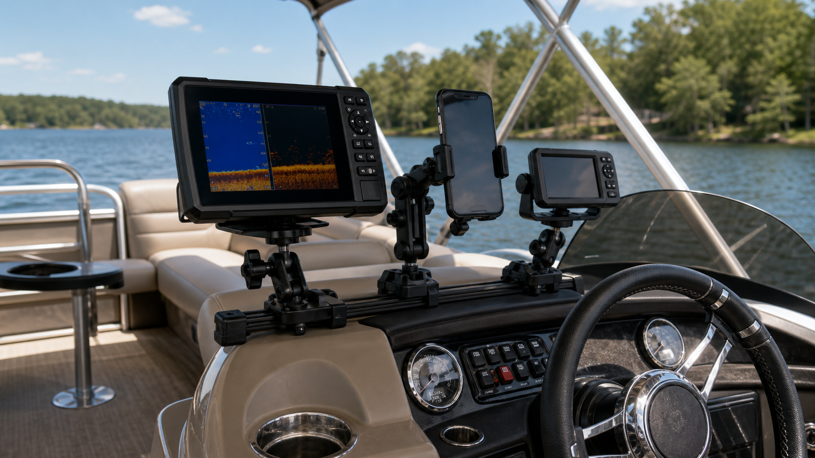 best mounts for fish finders RAM-FF1-D-115 RAM Fishfinder Deck Kit with Single Marine Electronic Mount Using a proprietary LockNLoad mounting system Precision Sonar Over and Under