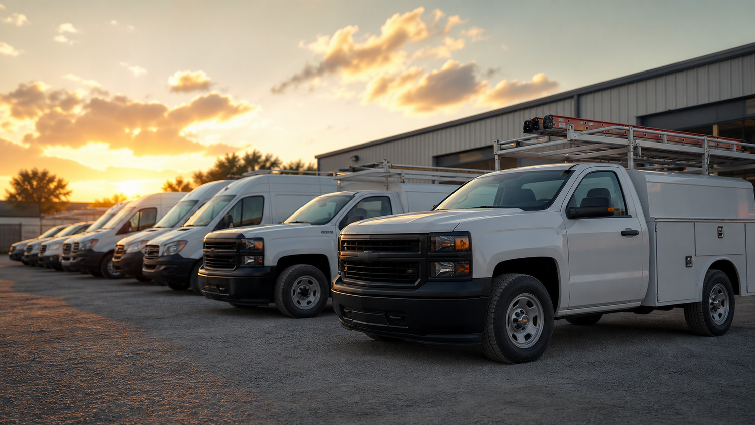 Fleet yard with generic commercial pickups and service vans ready for dispatch