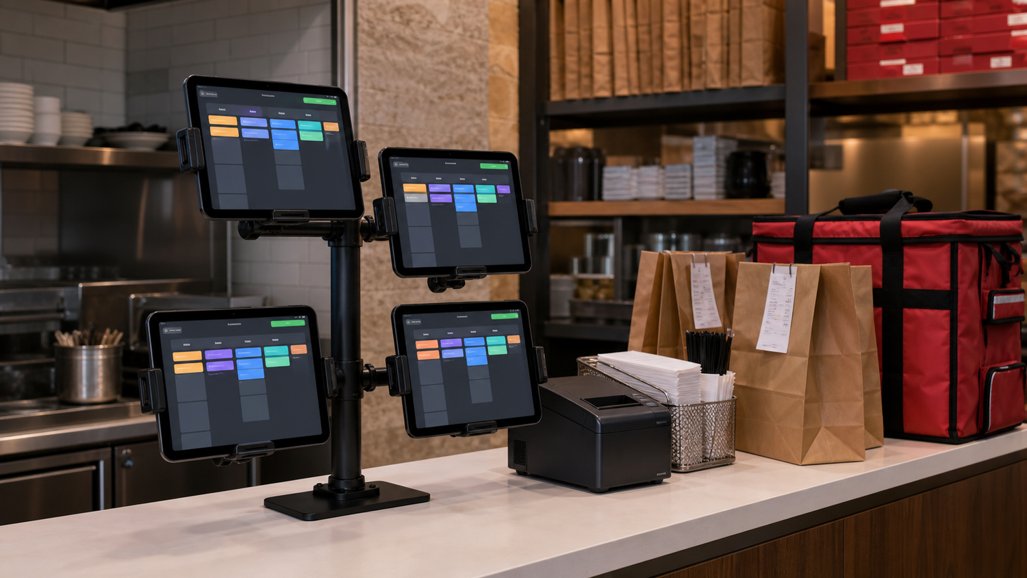 Multiple mounted tablets arranged at a restaurant delivery order station