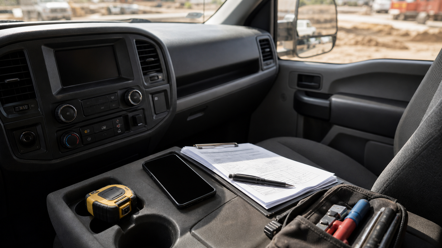 Clean work truck cab with tools, paperwork, and open mounting areas before a fleet install