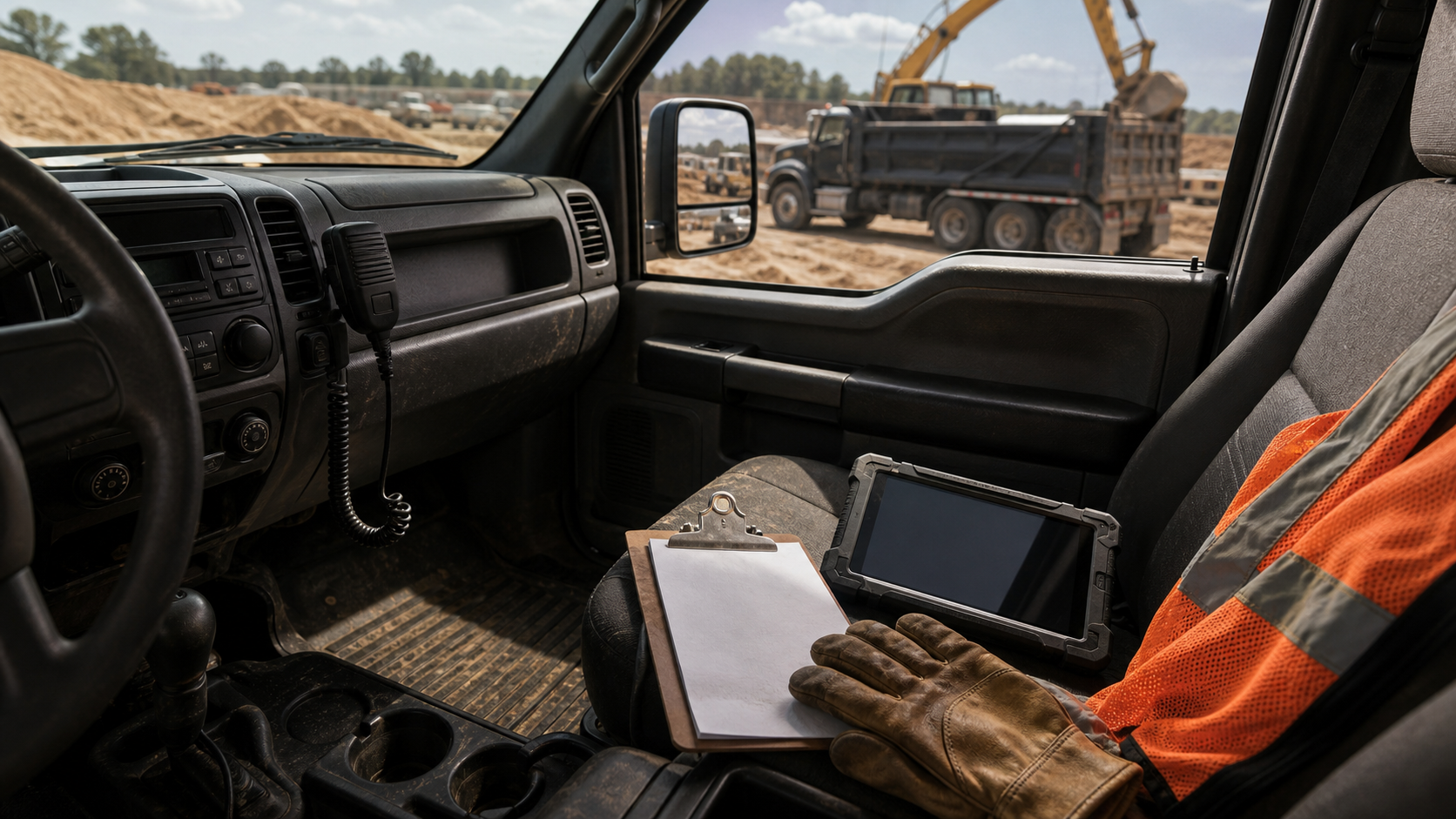 Dusty dump truck cab with gloves, clipboard, radio, and rugged tablet at an active worksite