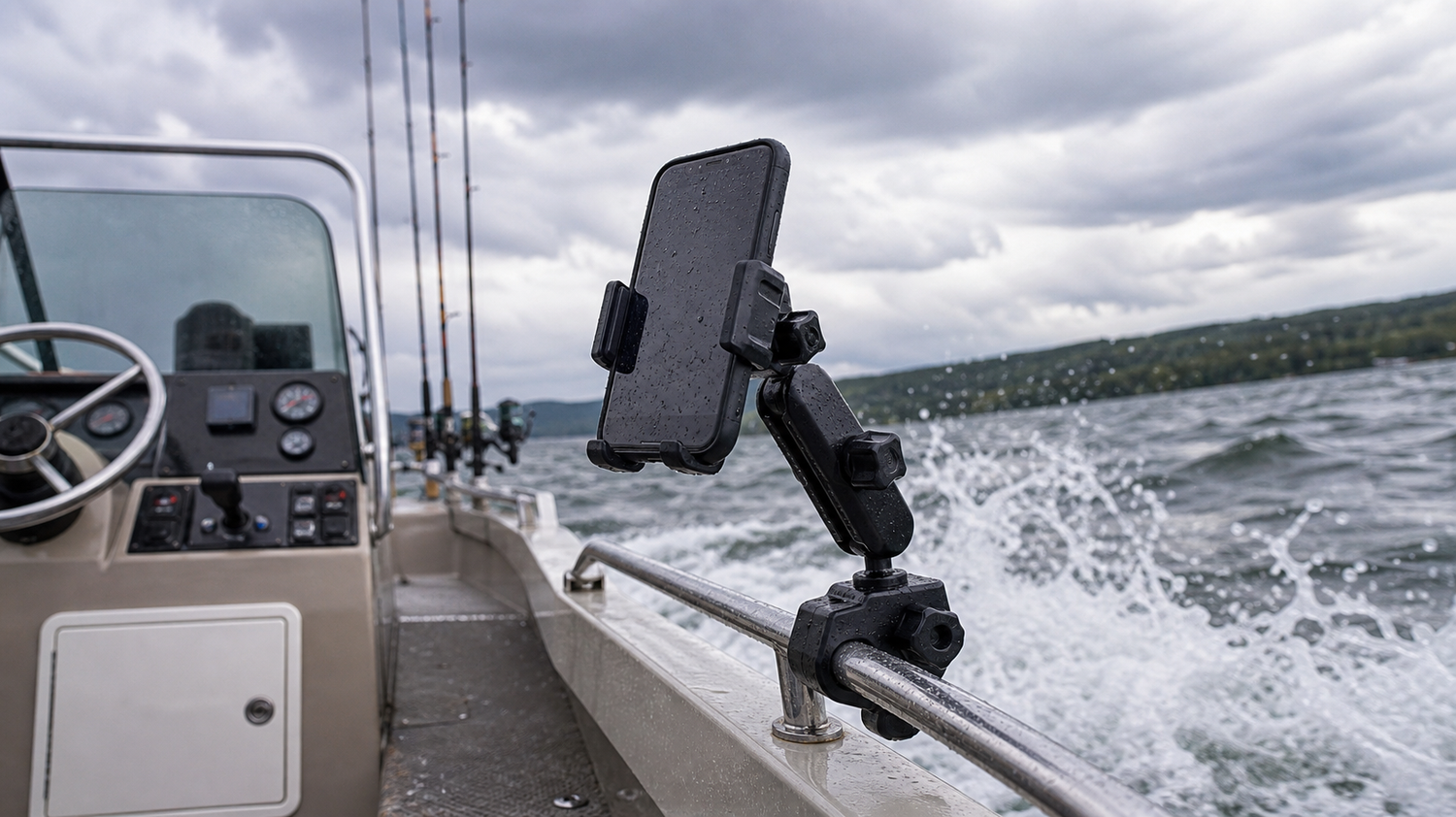 Rail-mounted phone cradle on a boat in choppy water