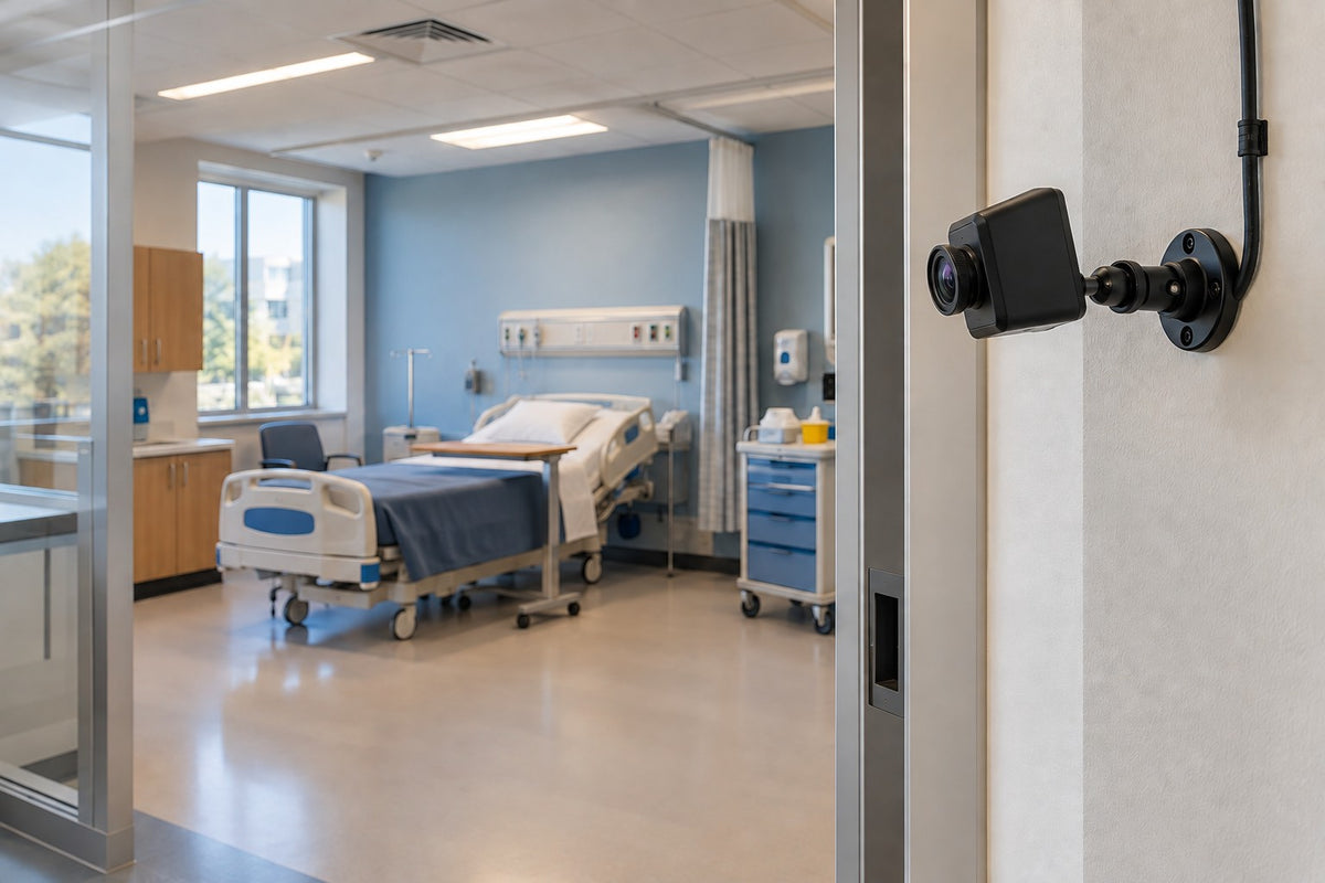 Illustration of a camera observing an unoccupied healthcare simulation workstation