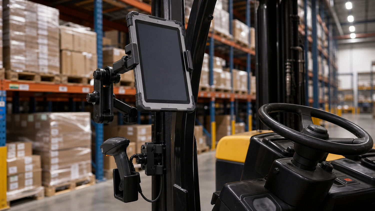 Forklift-mounted tablet and barcode scanner holder in a warehouse aisle