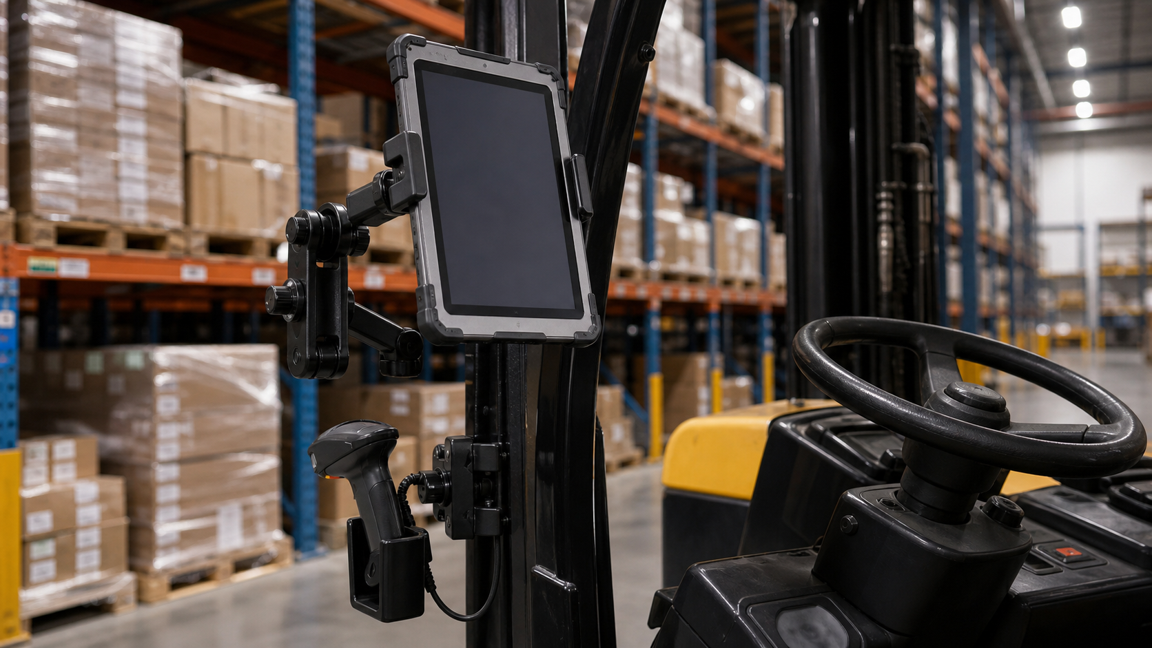 Forklift-mounted tablet and barcode scanner holder in a warehouse aisle