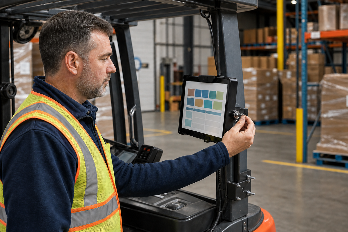 Supervisor checking a locking forklift tablet mount before a warehouse shift