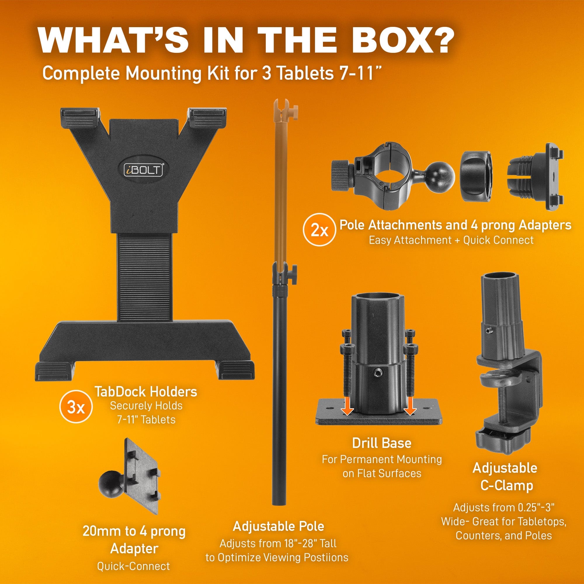 iBOLT™ Tablet Tower- TabDock™ POS Clamp Mount - with 3 Tablet Holders