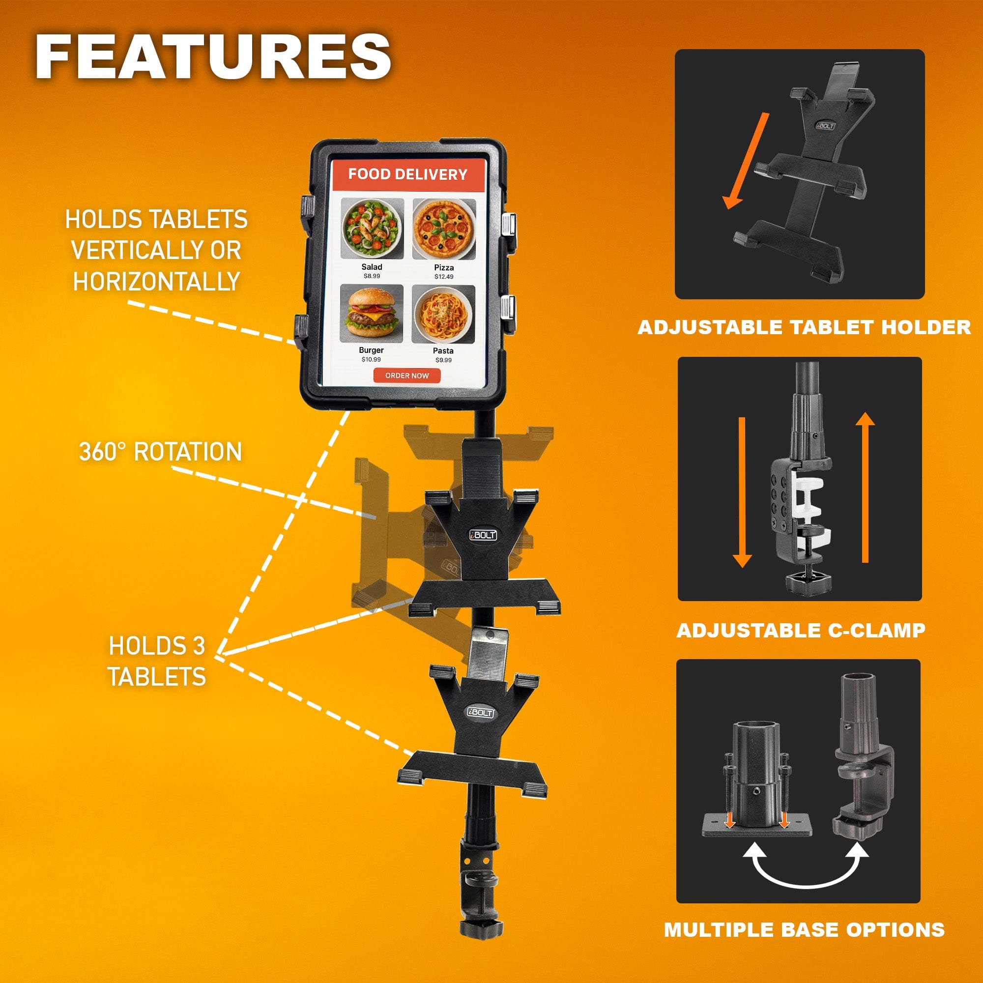 iBOLT™ Tablet Tower- TabDock™ POS Clamp Mount - with 3 Tablet Holders