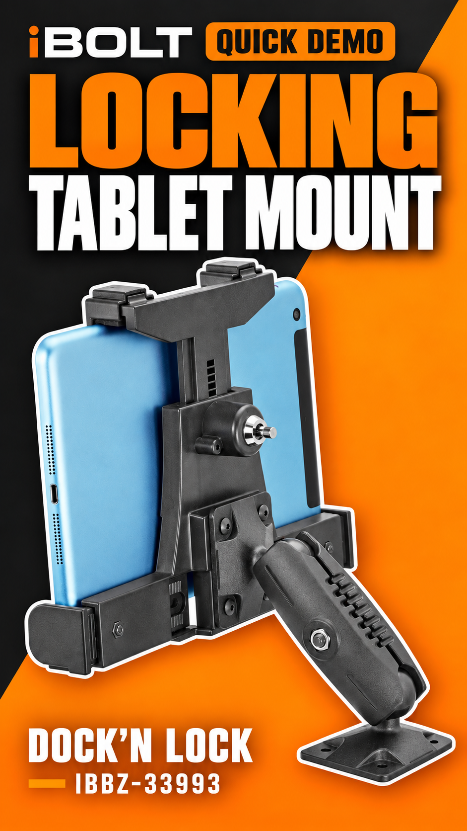 iBOLT Dock'n Lock BizMount AMPS IBBZ-33993 — short vertical assembly and keyed tablet-lock demonstration