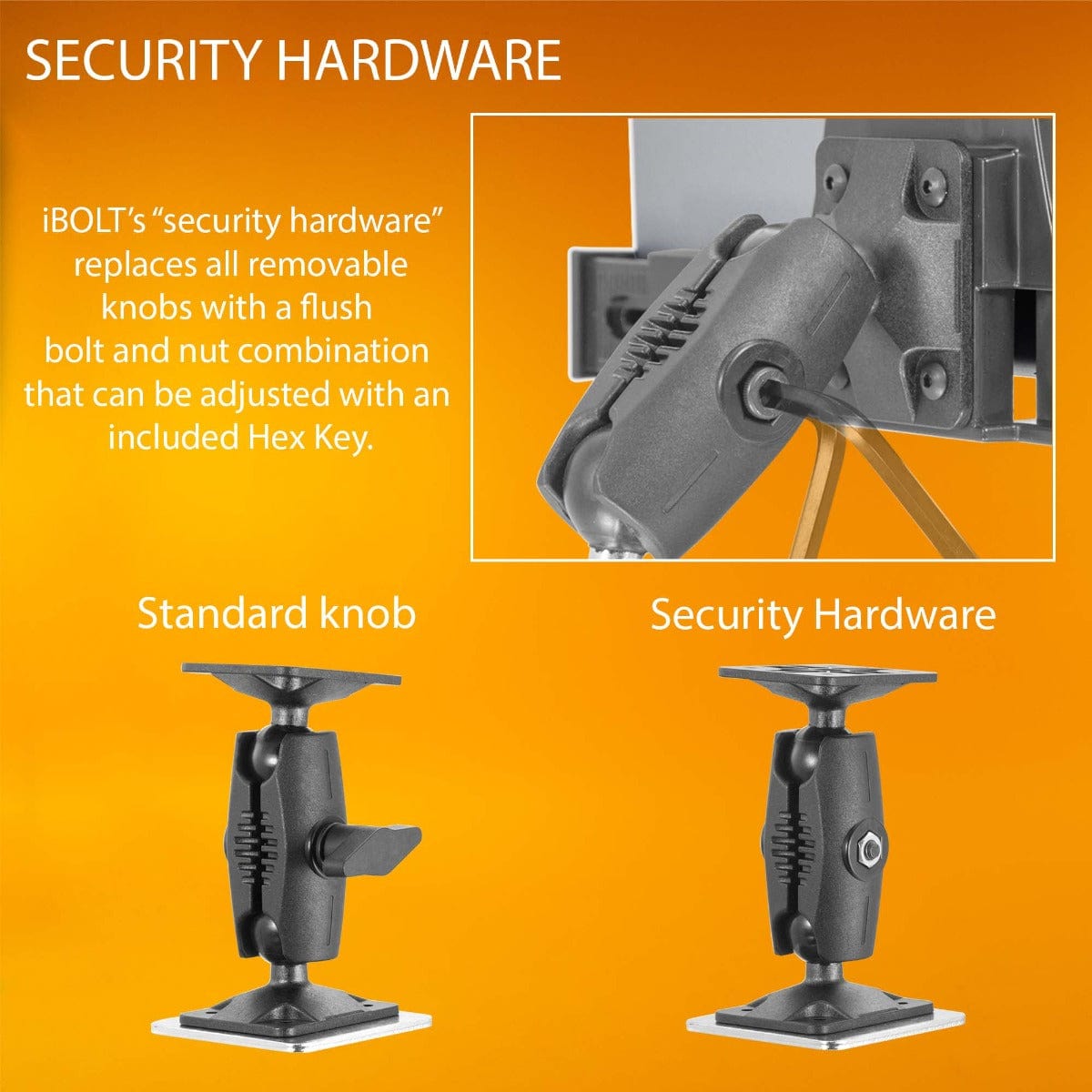 iBOLT Mounts iBOLT™ Security Hardware or 1 inch / 25mm Bizmount™ Arms