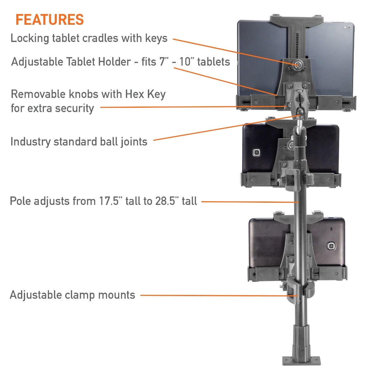 iBOLT Mounts iBOLT Tablet Tower- Dock’n Lock POS Locking Drill Base Mount - with 3 Tablet Holders