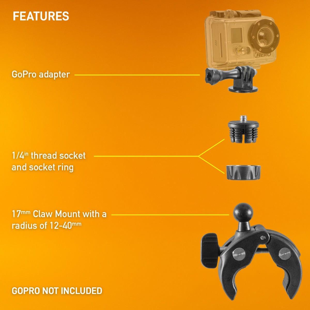 iBOLT 17mm Clamp Mount for Handlebars, Poles, Posts- For GoPro Hero Action Cameras, ¼ 20" Camera Screw