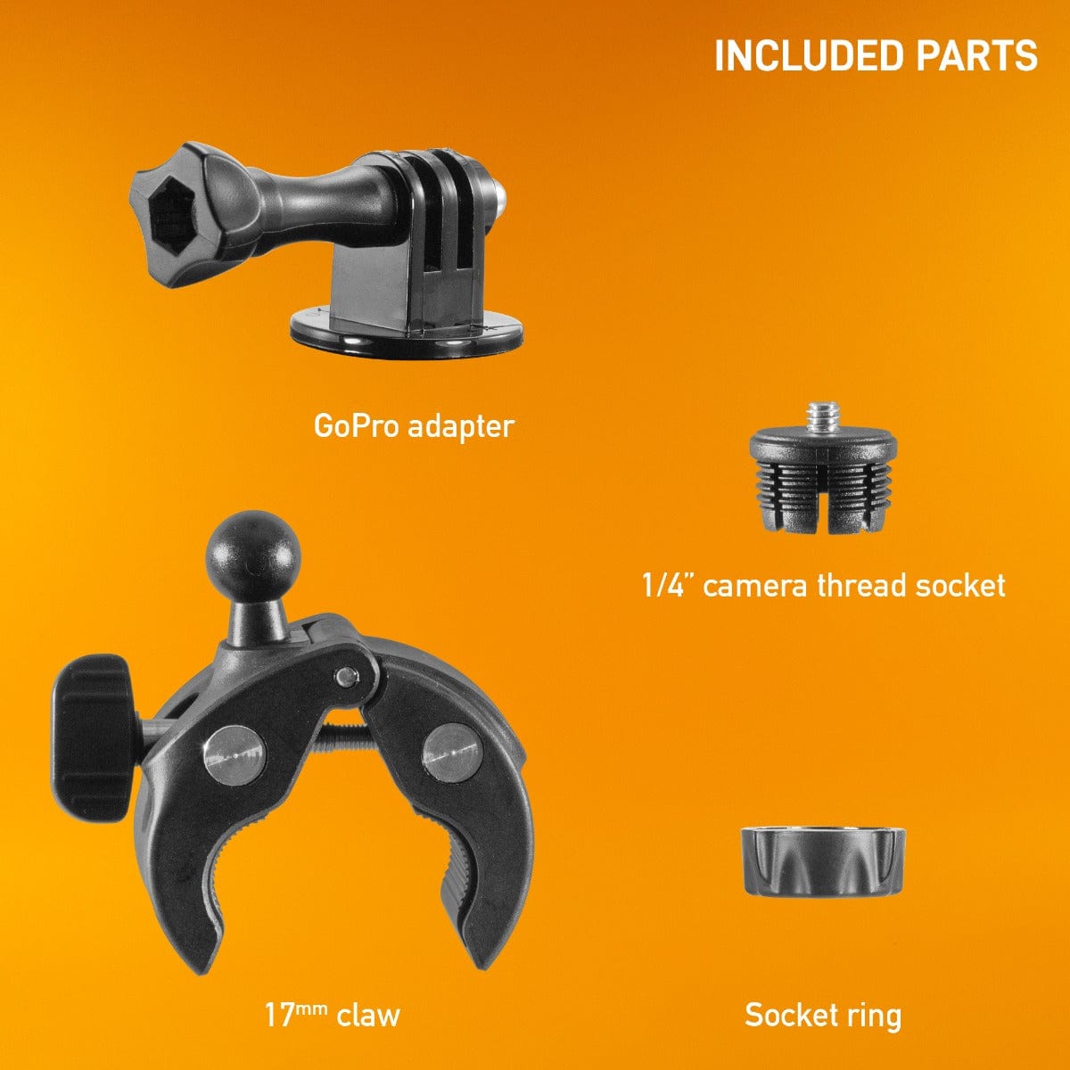 iBOLT 17mm Clamp Mount for Handlebars, Poles, Posts- For GoPro Hero Action Cameras, ¼ 20" Camera Screw
