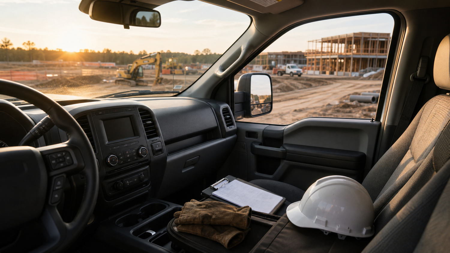 Construction truck cab interior at a jobsite with work gear and open dashboard space