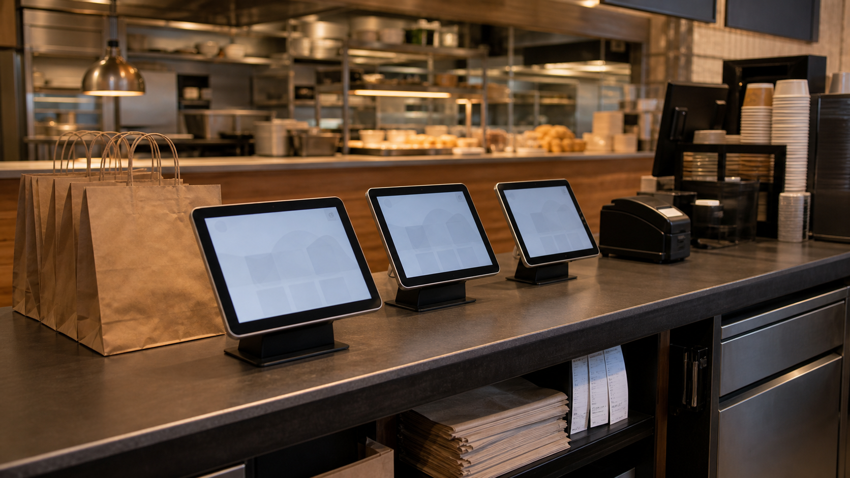Quick service restaurant counter with multiple generic tablets and kitchen equipment in the background