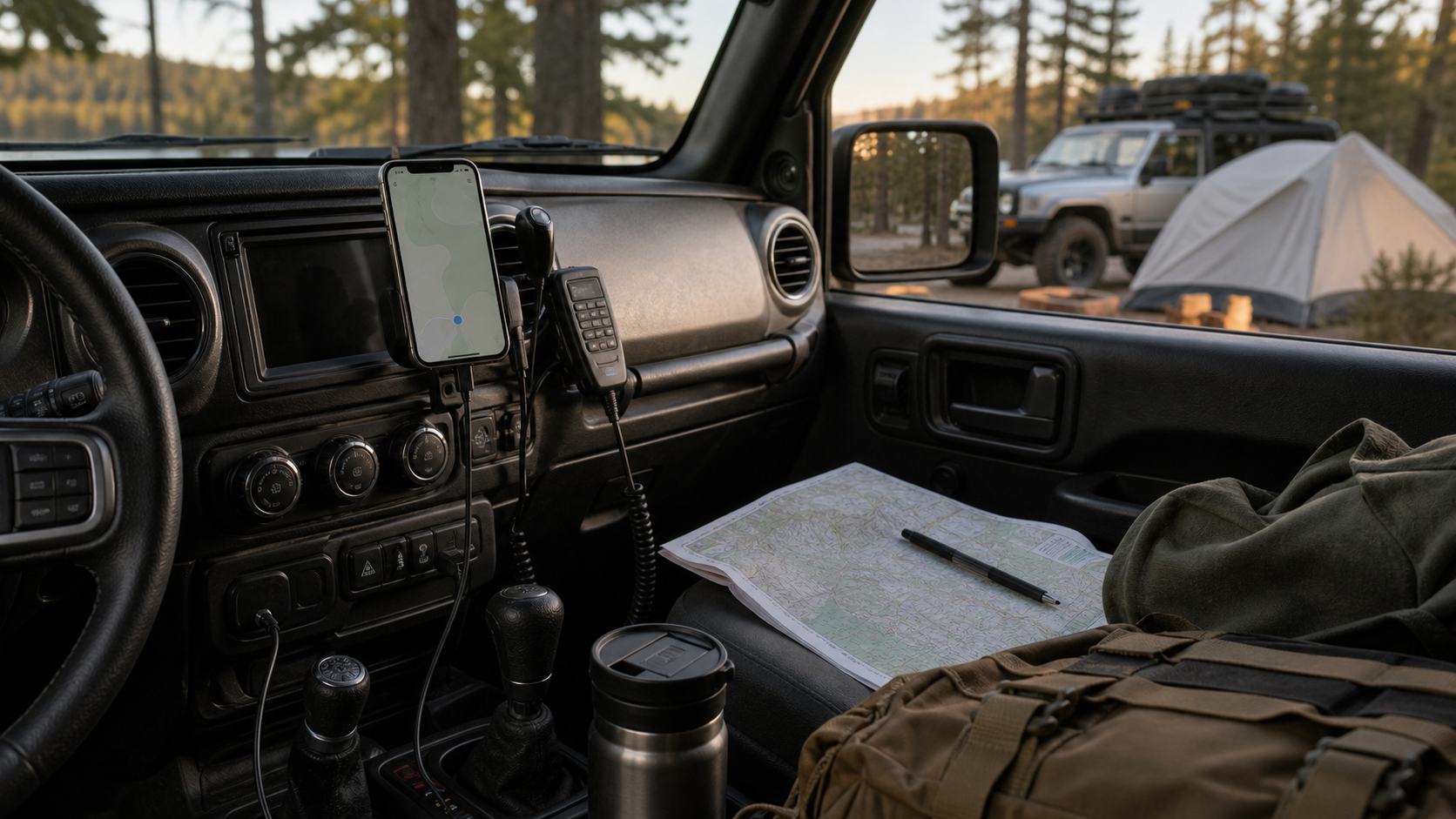 Generic overlanding vehicle interior at a campsite with navigation, radio, maps, and trail gear