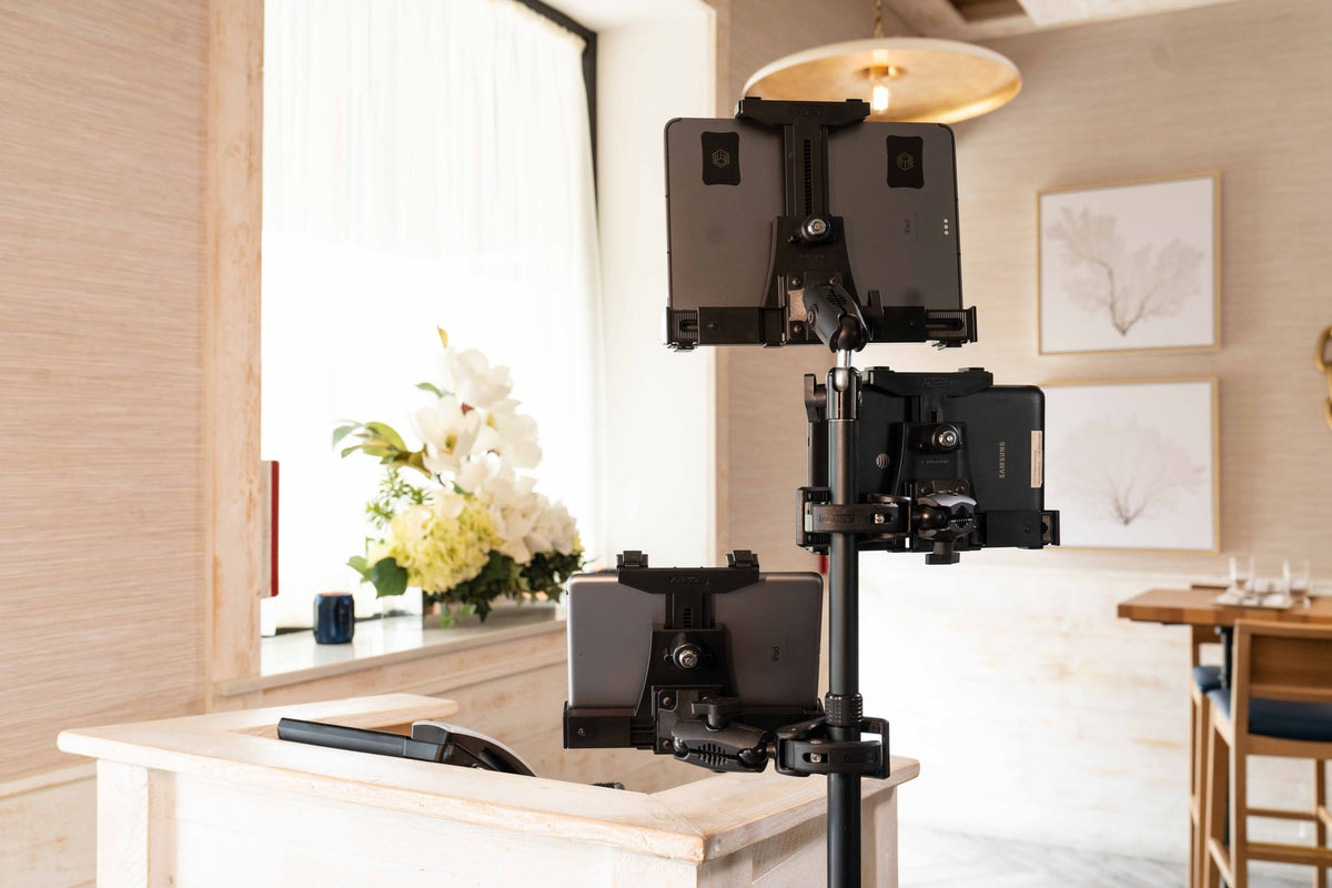iBOLT device mounting setup in a restaurant workspace