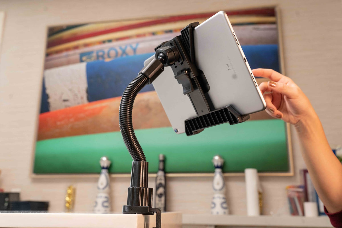 iBOLT device mounting setup in a restaurant workspace
