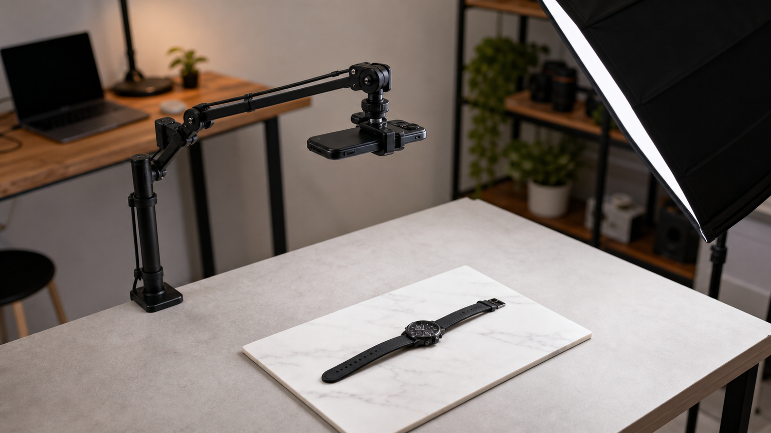 Overhead camera mount above a product photography tabletop setup