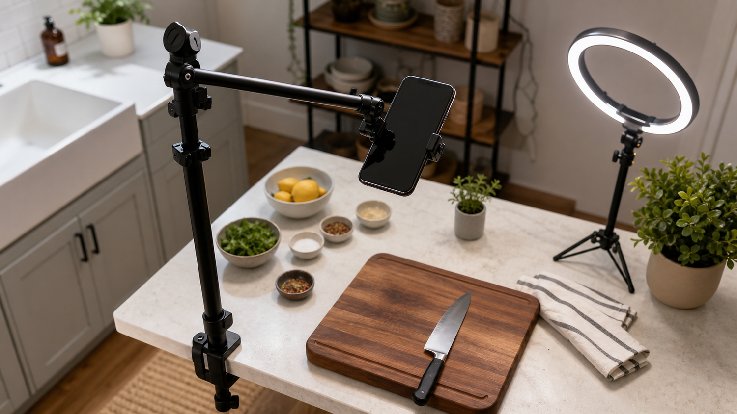 Overhead phone mount setup for livestreaming at a kitchen counter