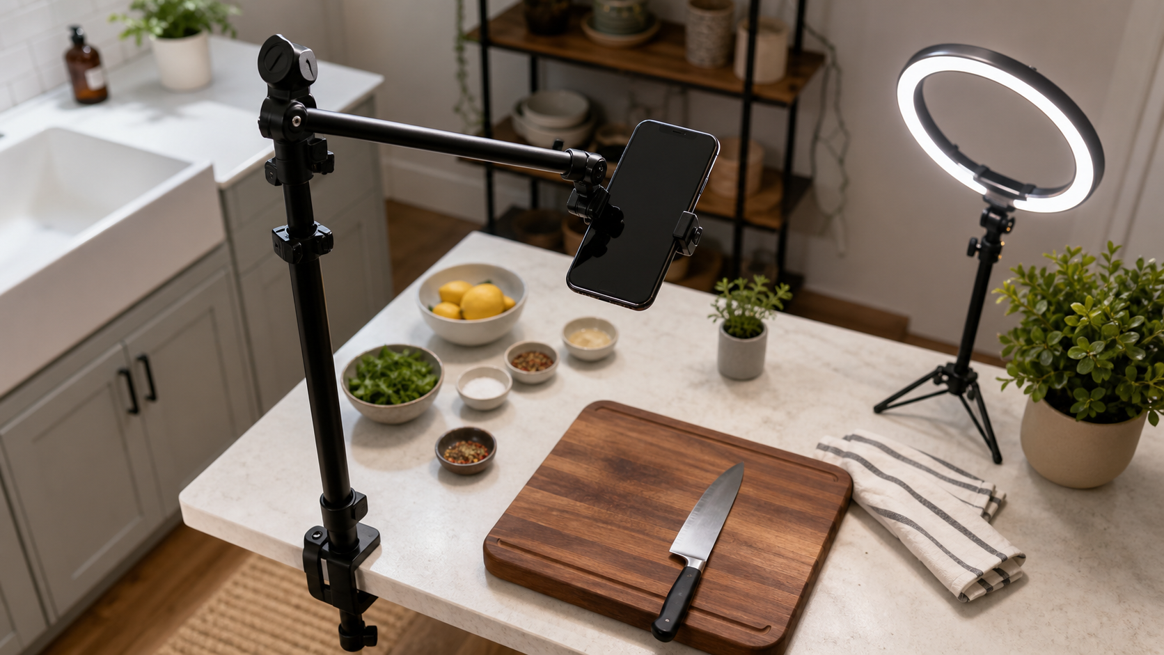 Overhead phone mount setup for livestreaming at a kitchen counter