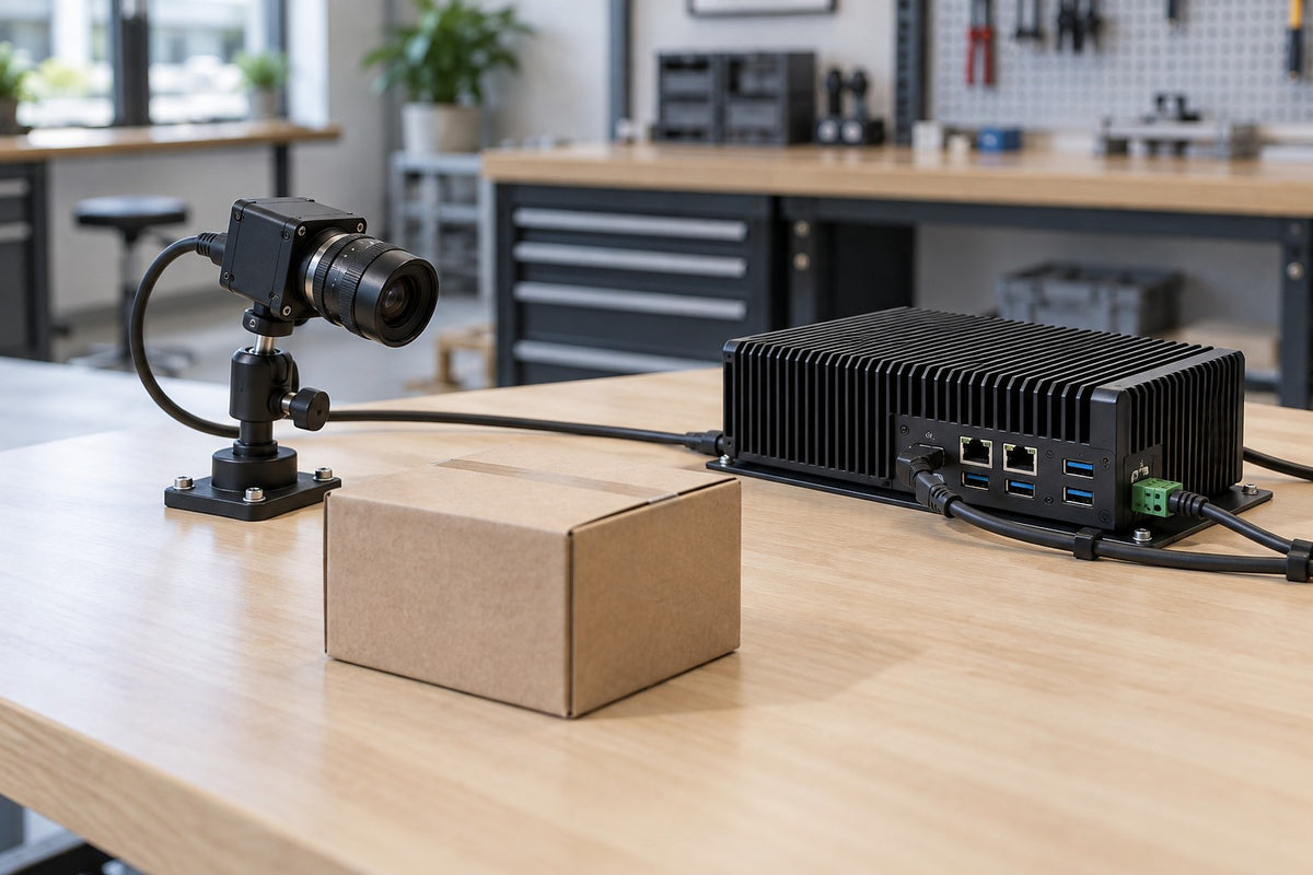 Illustration of a camera and separate enclosed computer at a workbench