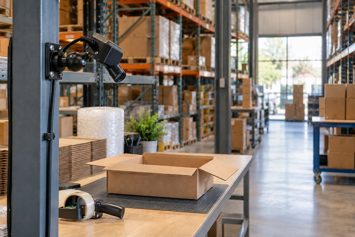 Illustration of a camera aimed at a parcel packing station