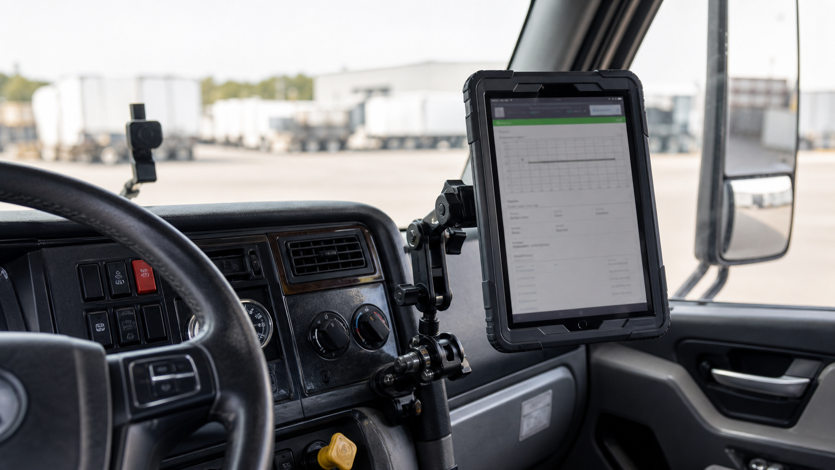 Commercial truck cab with a mounted tablet positioned near the dashboard