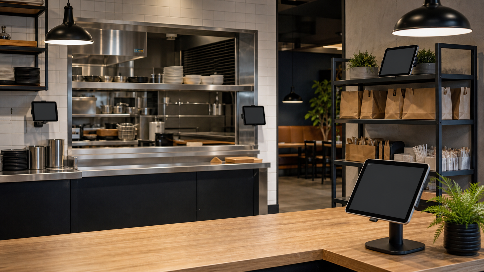 Restaurant workspace with front counter, expo area, pickup shelf, and generic tablet stations