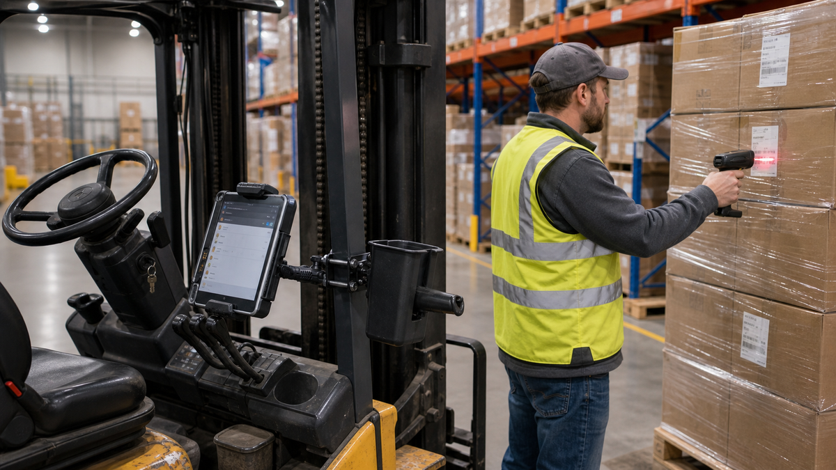Warehouse operator scanning a pallet beside a forklift-mounted tablet and scanner holster