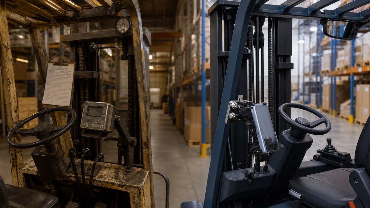 Older forklift terminal and modern pillar-mounted tablet shown side by side