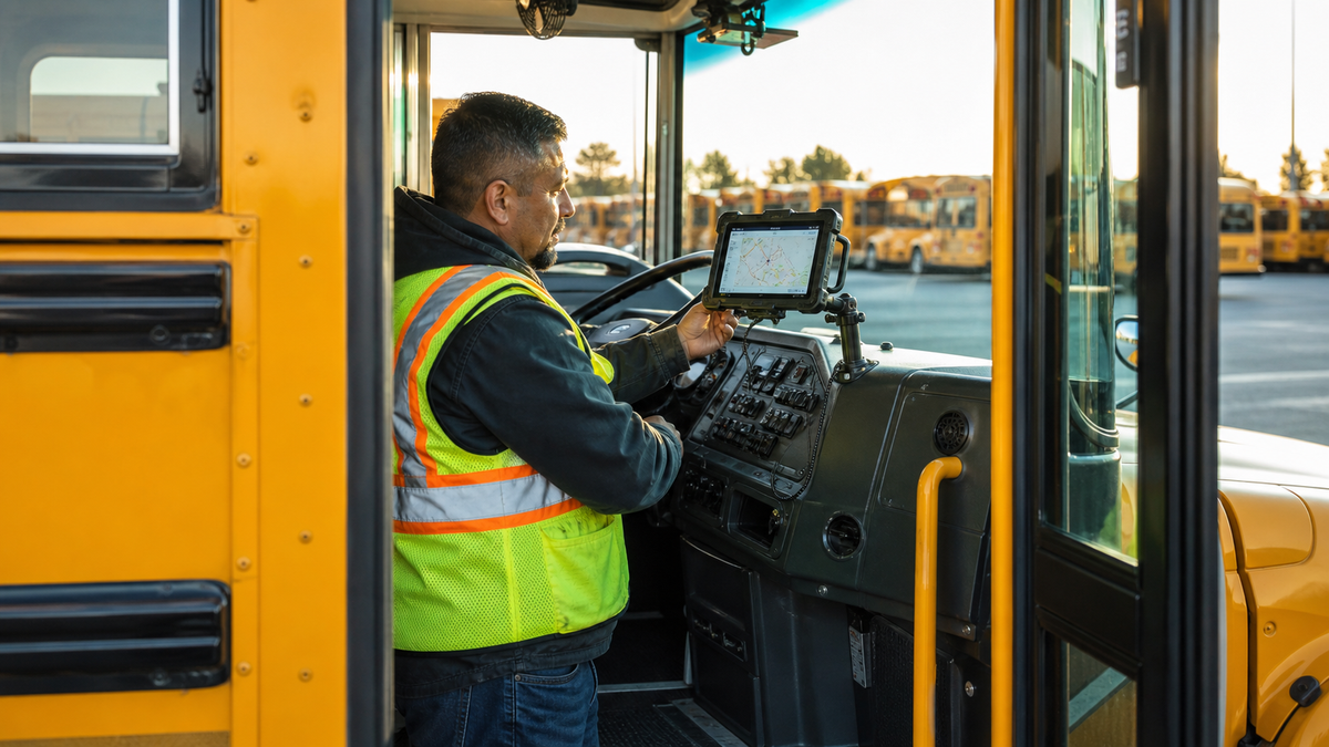 School bus fleet coordinator checking a mounted tablet in a parked bus
