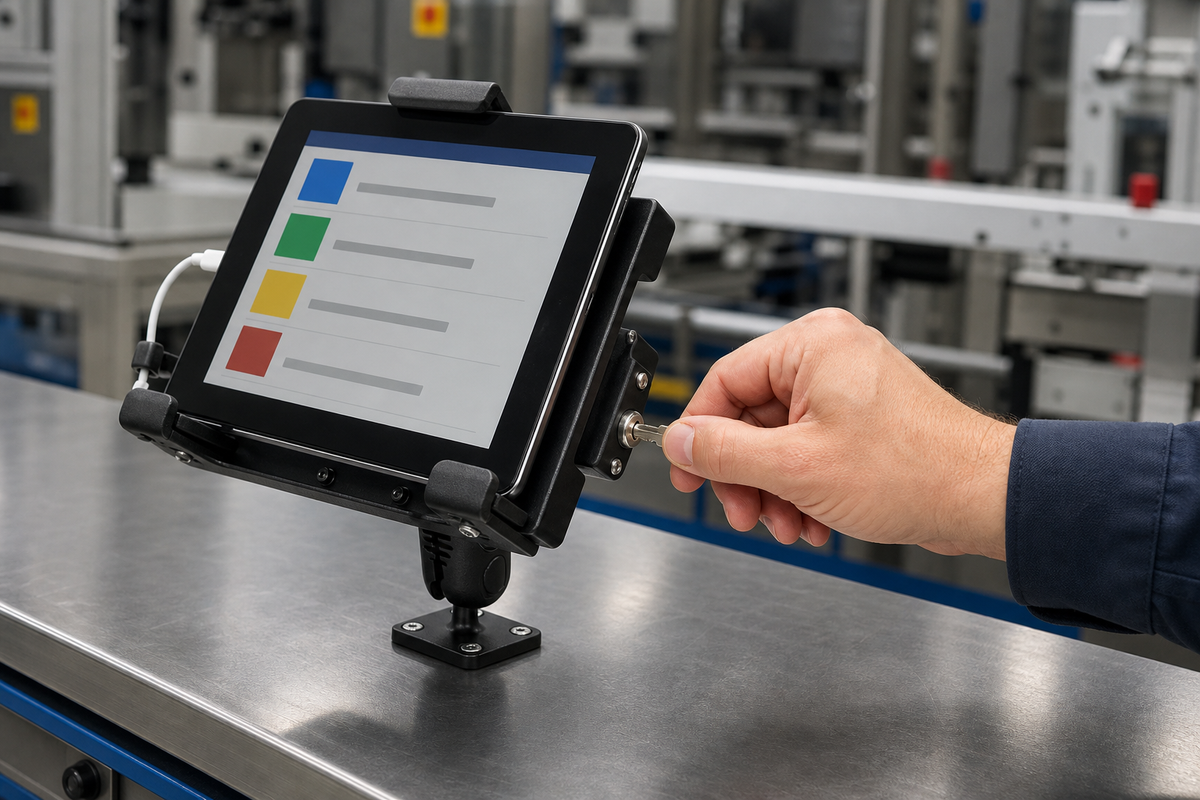Key-controlled locking tablet mount at an industrial quality workstation