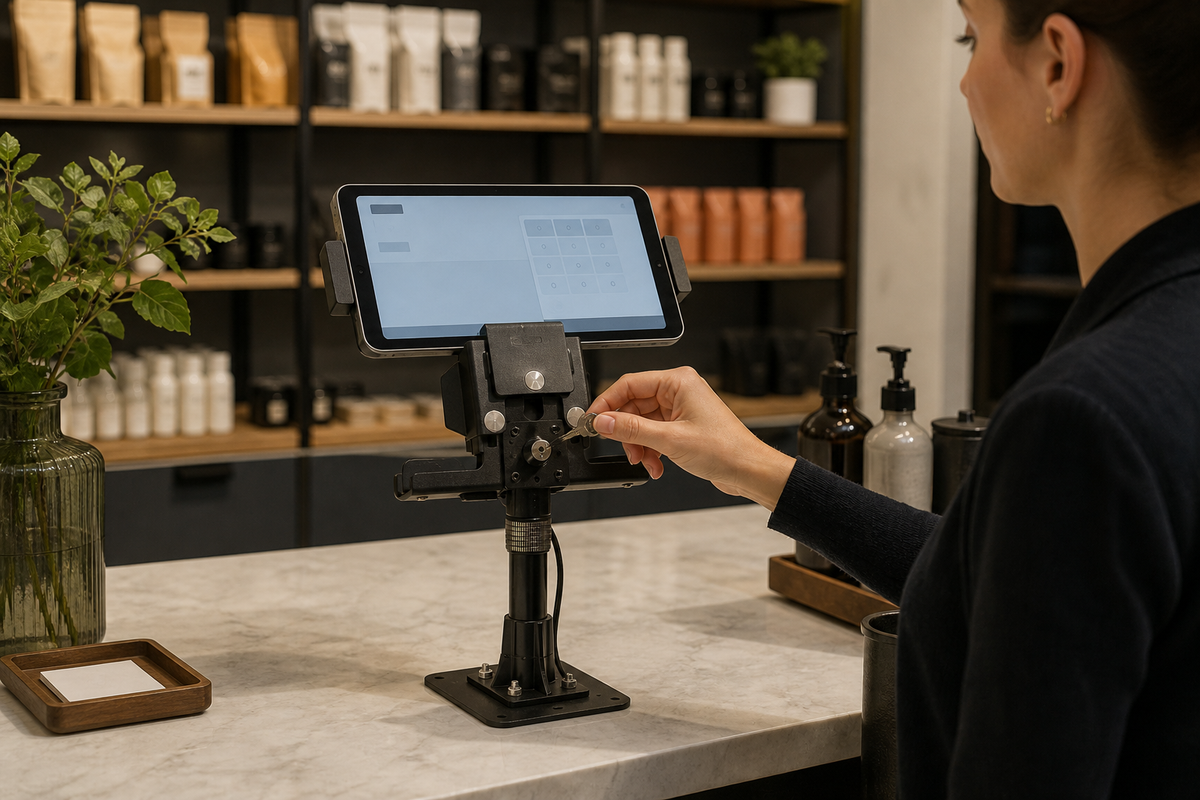 Fixed locking tablet stand at a customer-facing retail kiosk