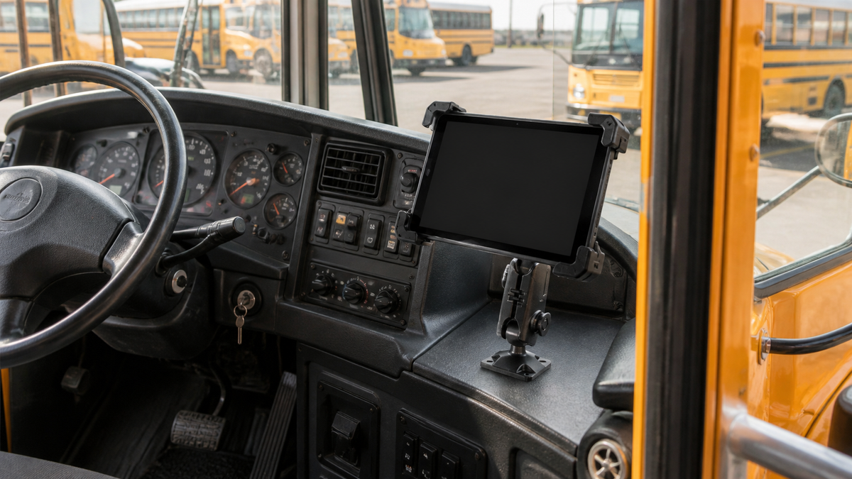 iBOLT style TabDock AMPS tablet mount installed low in a parked school bus