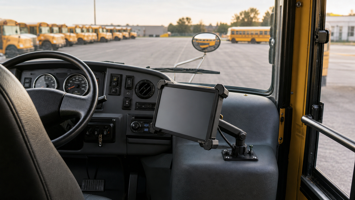 Mounted tablet in a parked school bus driver area at a fleet depot