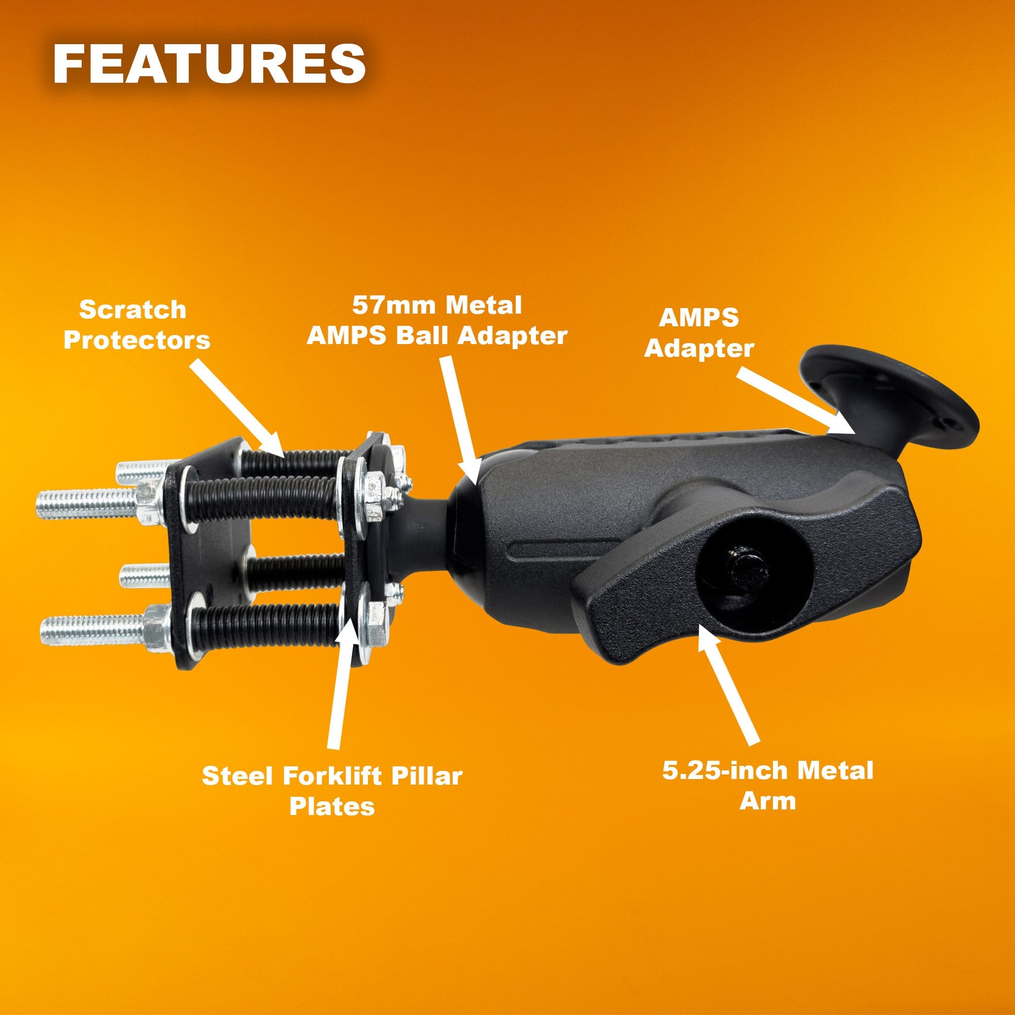 iBOLT AMPS Forklift Pillar Mount with 57mm (2.25-inch) Ball Joint and 5.25" Metal Arm
